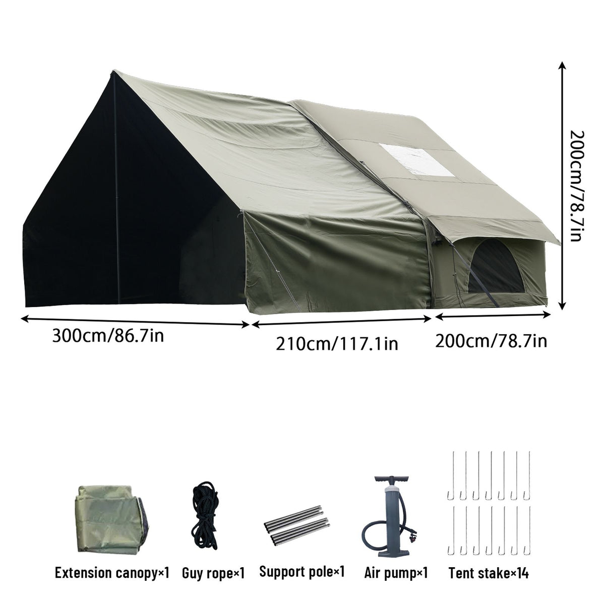 Green inflatable tent, supplied with a carry bag.