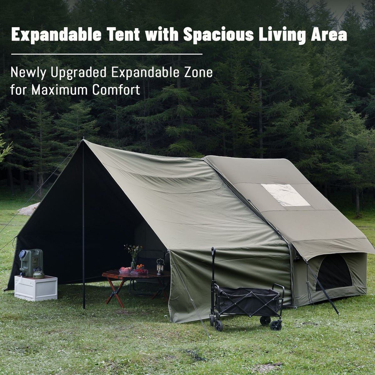 Green inflatable tent, supplied with a carry bag.