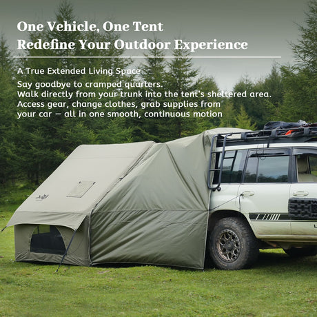 Green inflatable tent, supplied with a carry bag.