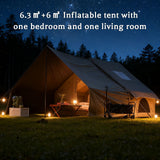 Green inflatable tent, supplied with a carry bag.