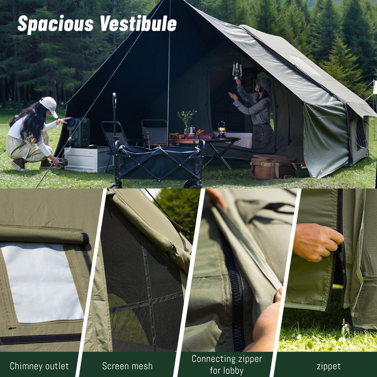 Green inflatable tent, supplied with a carry bag.