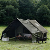 Green inflatable tent, supplied with a carry bag.