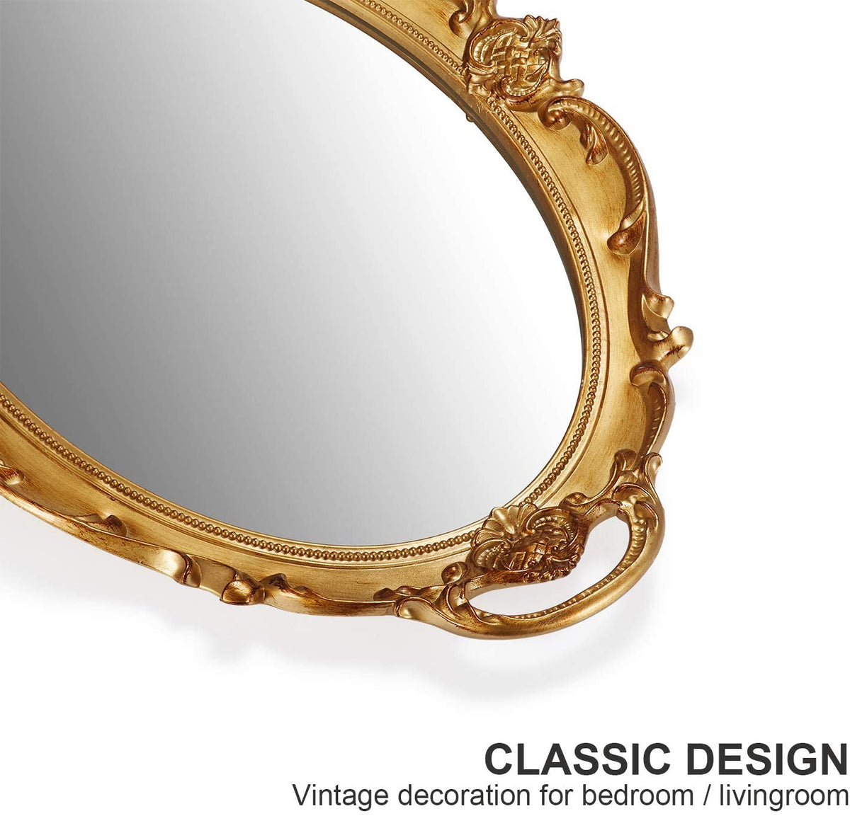 Gold hanging wall mirror, 25 x 38 cm, lightweight.