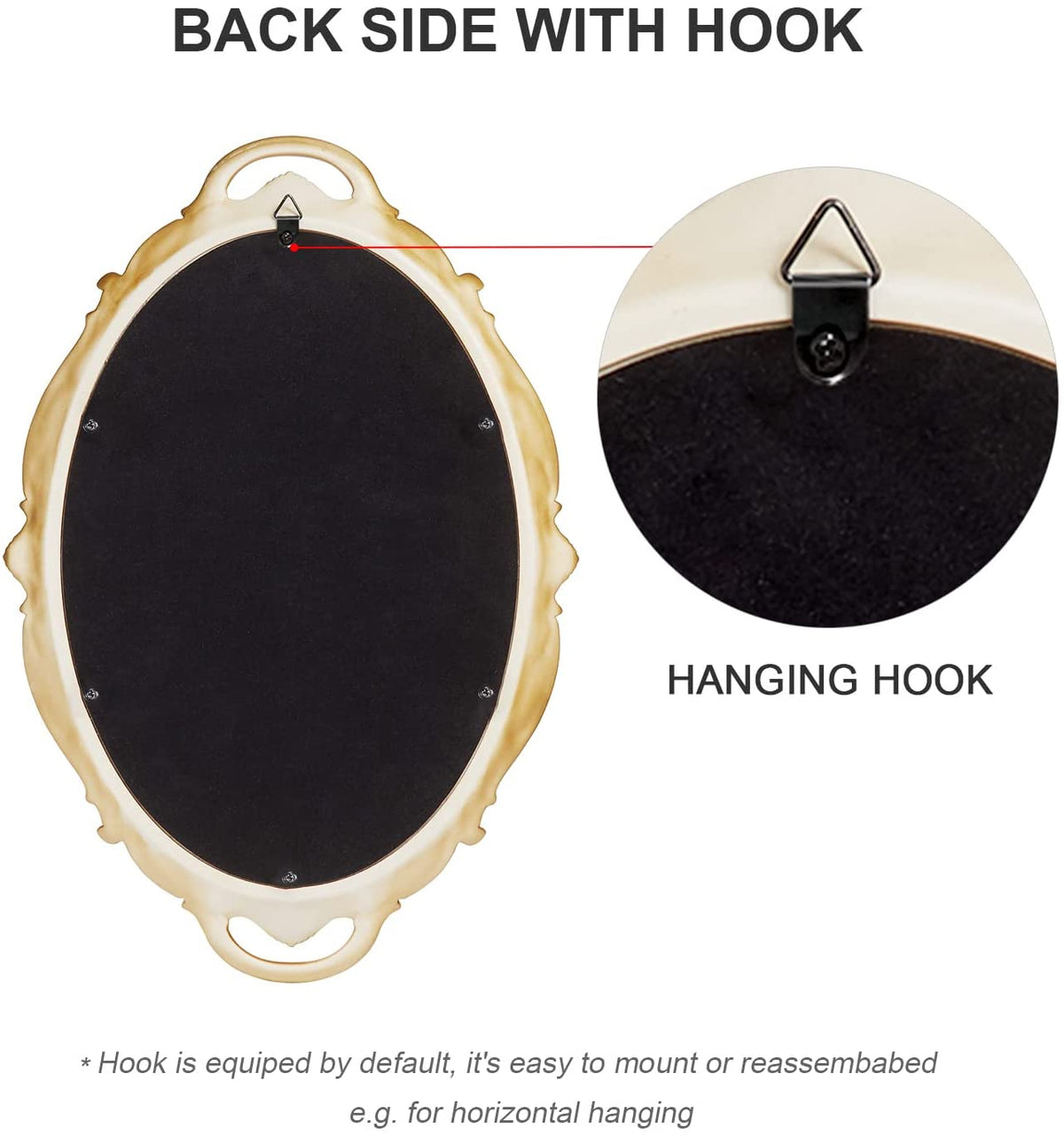 Gold hanging wall mirror, 25 x 38 cm, lightweight.