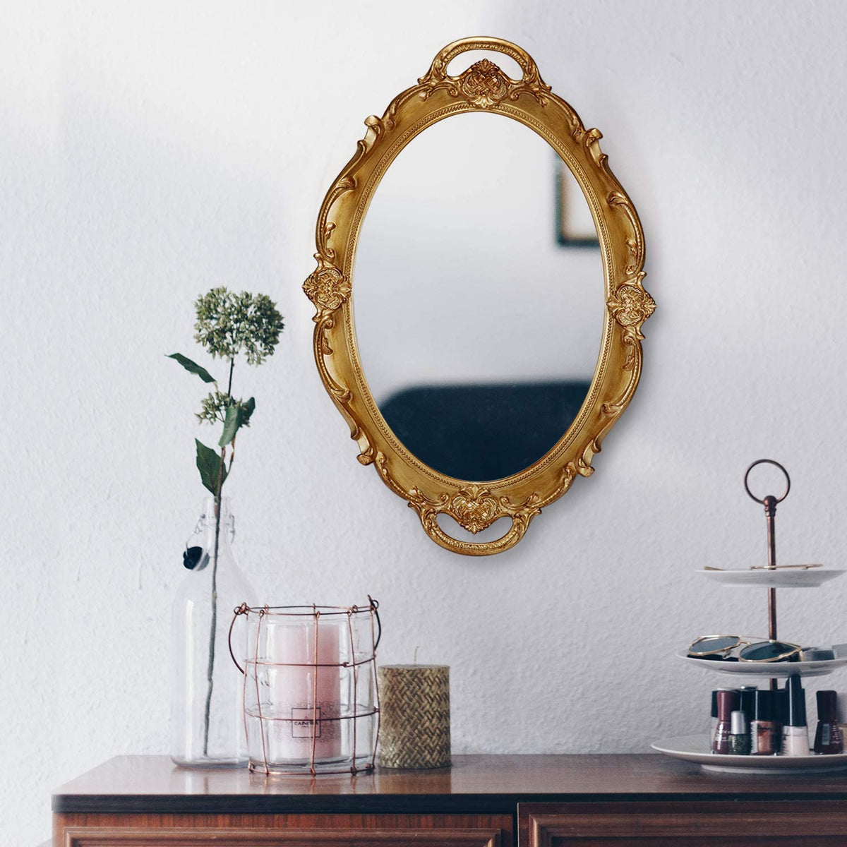 Gold hanging wall mirror, 25 x 38 cm, lightweight.