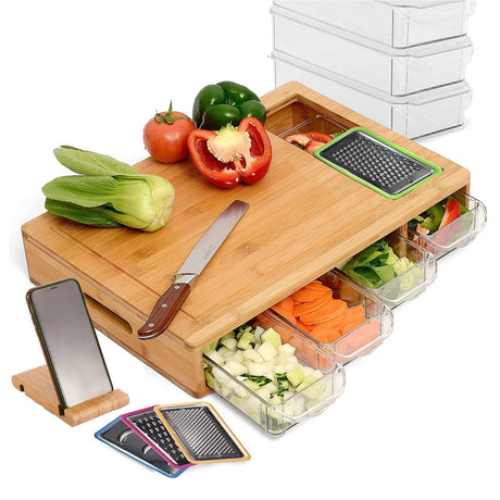 Large Bamboo Cutting Board and 4 Containers with Mobile Holder gift included for Home Kitchen.