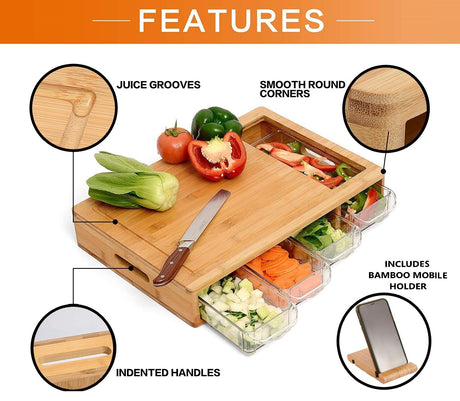 Large Bamboo Cutting Board and 4 Containers with Mobile Holder gift included for Home Kitchen.