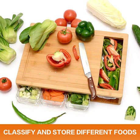 Large Bamboo Cutting Board and 4 Containers with Mobile Holder gift included for Home Kitchen.