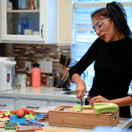 Large Bamboo Cutting Board and 4 Containers with Mobile Holder gift included for Home Kitchen.