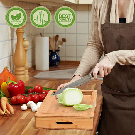 Large Bamboo Cutting Board and 4 Containers with Mobile Holder gift included for Home Kitchen.