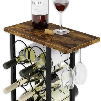 Wine Rack Countertop Wooden & Metal Holder for 6 Bottles & 2 Glasses