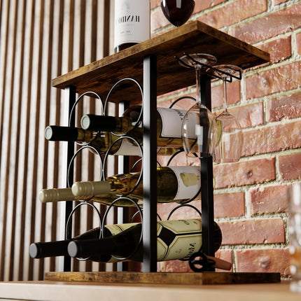 Wine Rack Countertop Wooden & Metal Holder for 6 Bottles & 2 Glasses