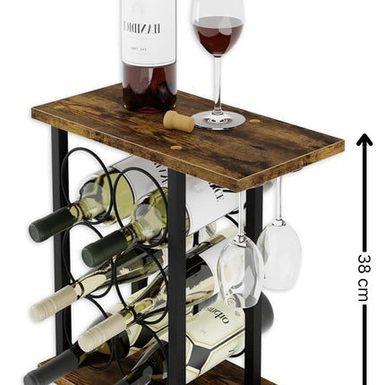 Wine Rack Countertop Wooden & Metal Holder for 6 Bottles & 2 Glasses