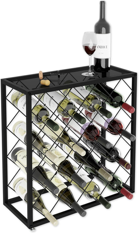Freestanding metal wine rack, 25 bottles.