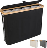 Black bamboo toilet paper storage basket, 12 rolls, freestanding.