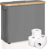 Grey bamboo toilet paper storage basket, 12 rolls, freestanding.