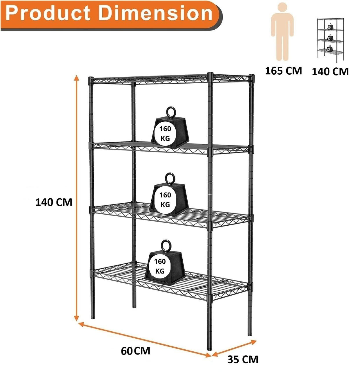 CARLA HOME 4-Tier Adjustable Metal Storage Shelves Wire Rack Organizer for Kitchen, Pantry, Bathroom or Laundry Room (60cm W x 40cm D x 140cm H)