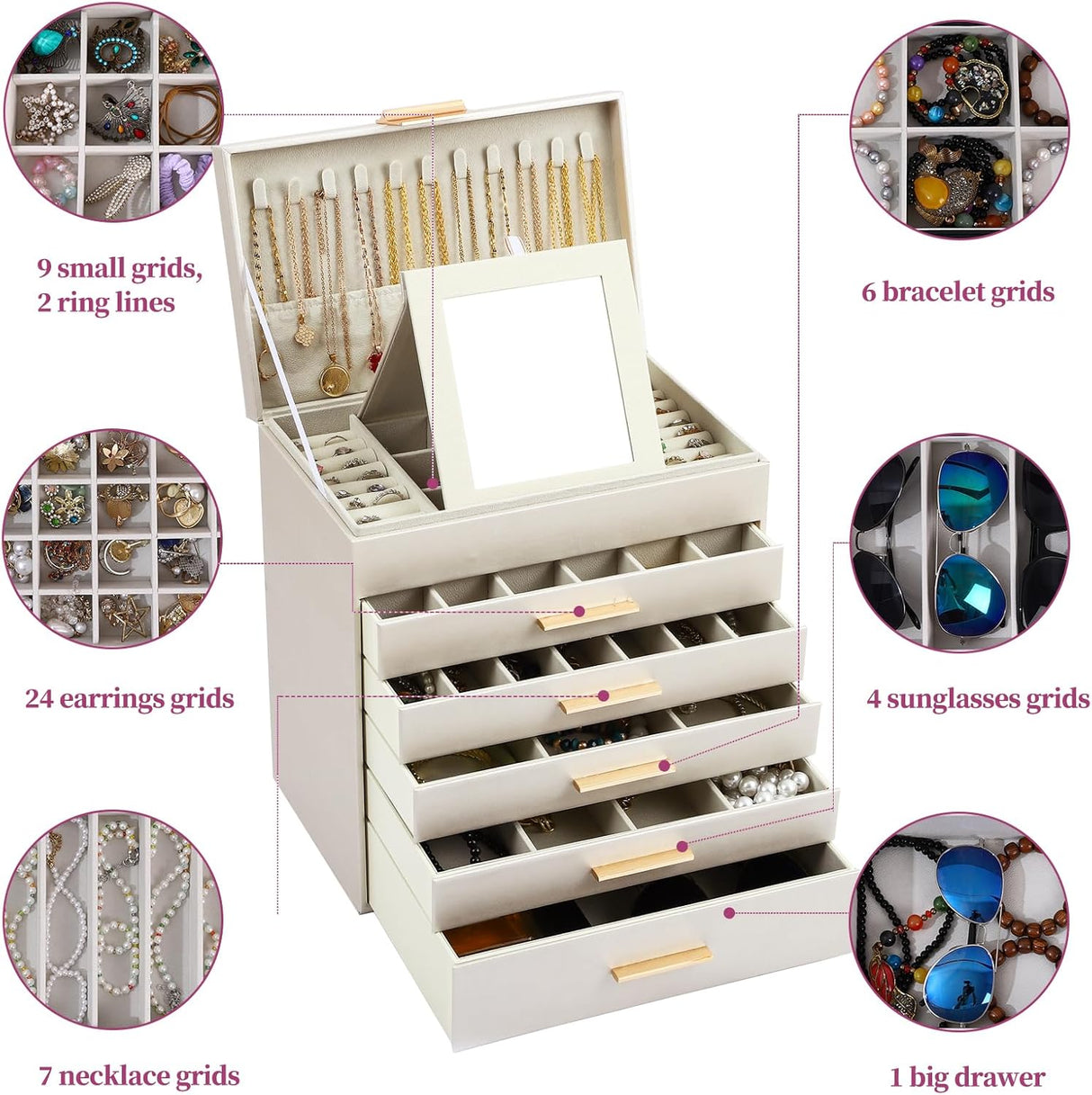 CARLA HOME  6-Layer Large Jewelry Organizer Box for Women with Mirror, Drawers, Hooks & Dividers for Rings, Necklaces, Bracelets, Ideal Gift for Women (White)