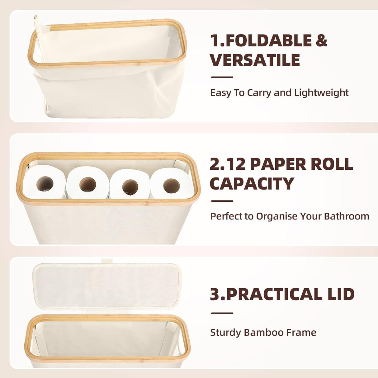 CARLA HOME 2 Pack Toilet Paper Storage Basket Holds Up to 12 Rolls with Bamboo Lid and Handle for RV Closet (White)