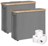 Grey bamboo toilet paper storage basket, 2 pack, freestanding.