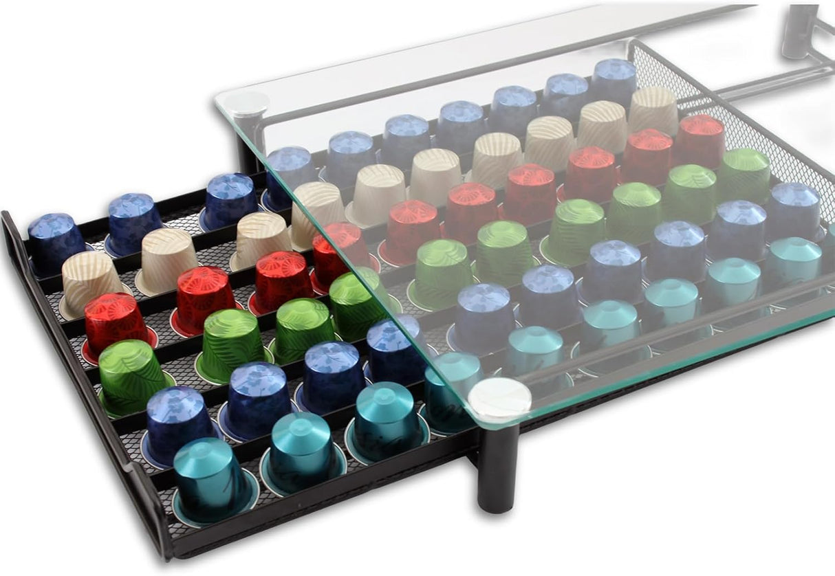 CARLA HOME 60 Coffee Pod Holder Drawer with Tempered Glass Capsule Organizer for Nespresso Pods and Sliding Drawer for Kitchen Countertop