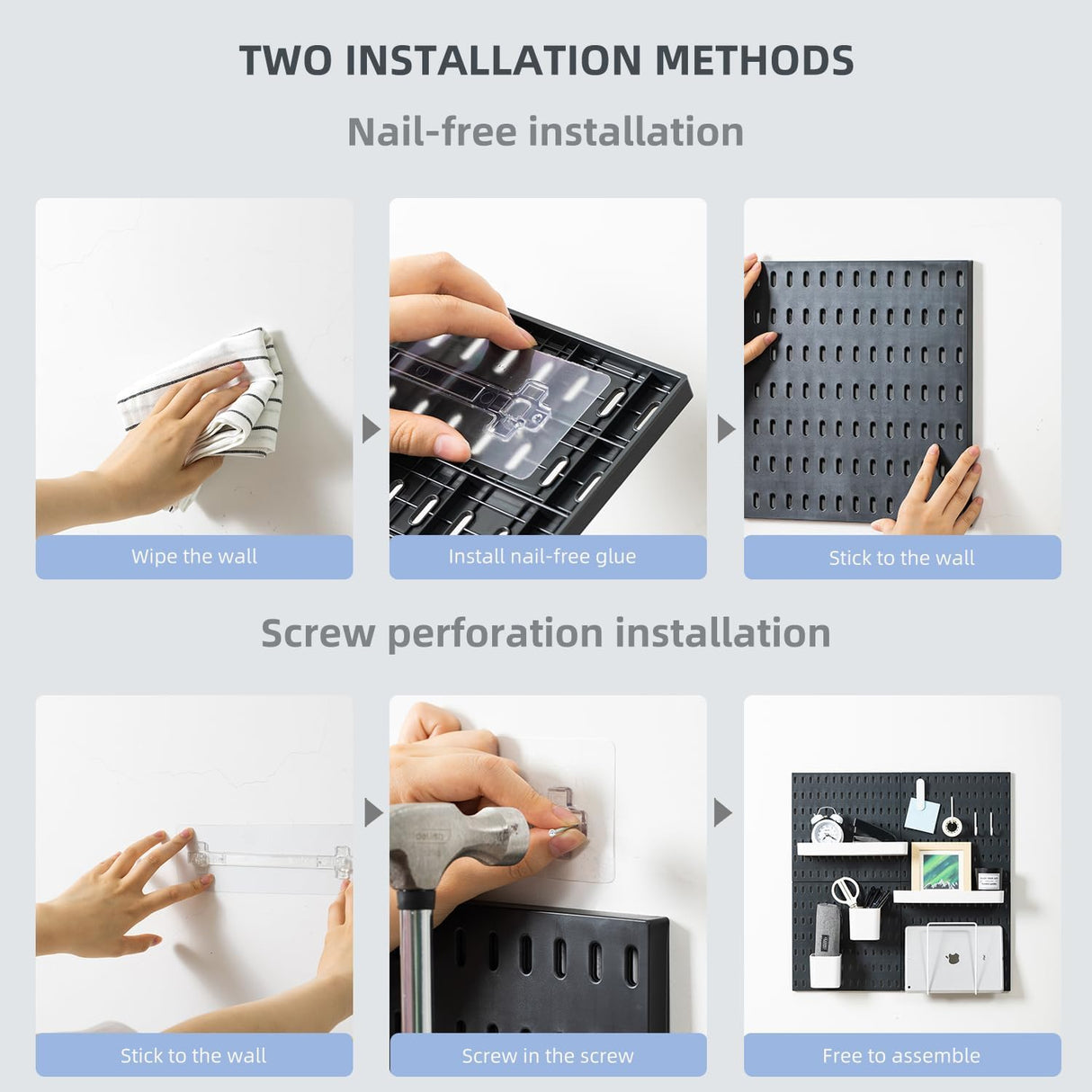 CARLA HOME Pegboard Wall Organizer Kit – 2 Black Modular Pegboards with 10 Accessories for Office, Gaming & Home Storage