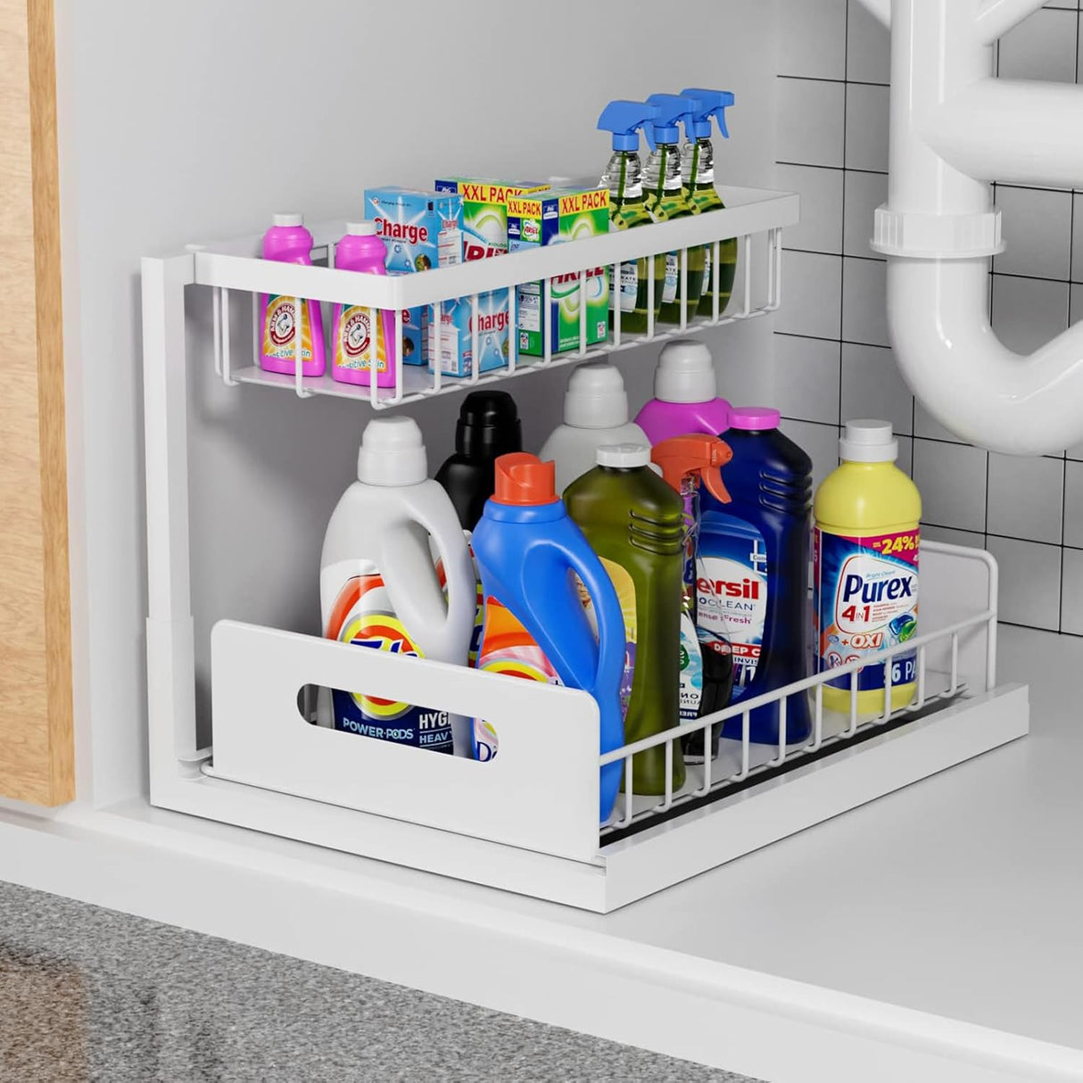 CARLA HOME 2 Tier Under Sink Organiser with Sliding Drawers for Kitchen & Bathroom