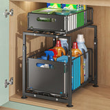 Adjustable under sink organiser, height adjustable.