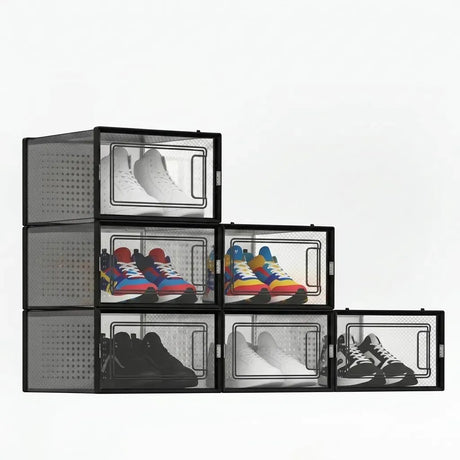 Black stackable storage boxes, waterproof.
