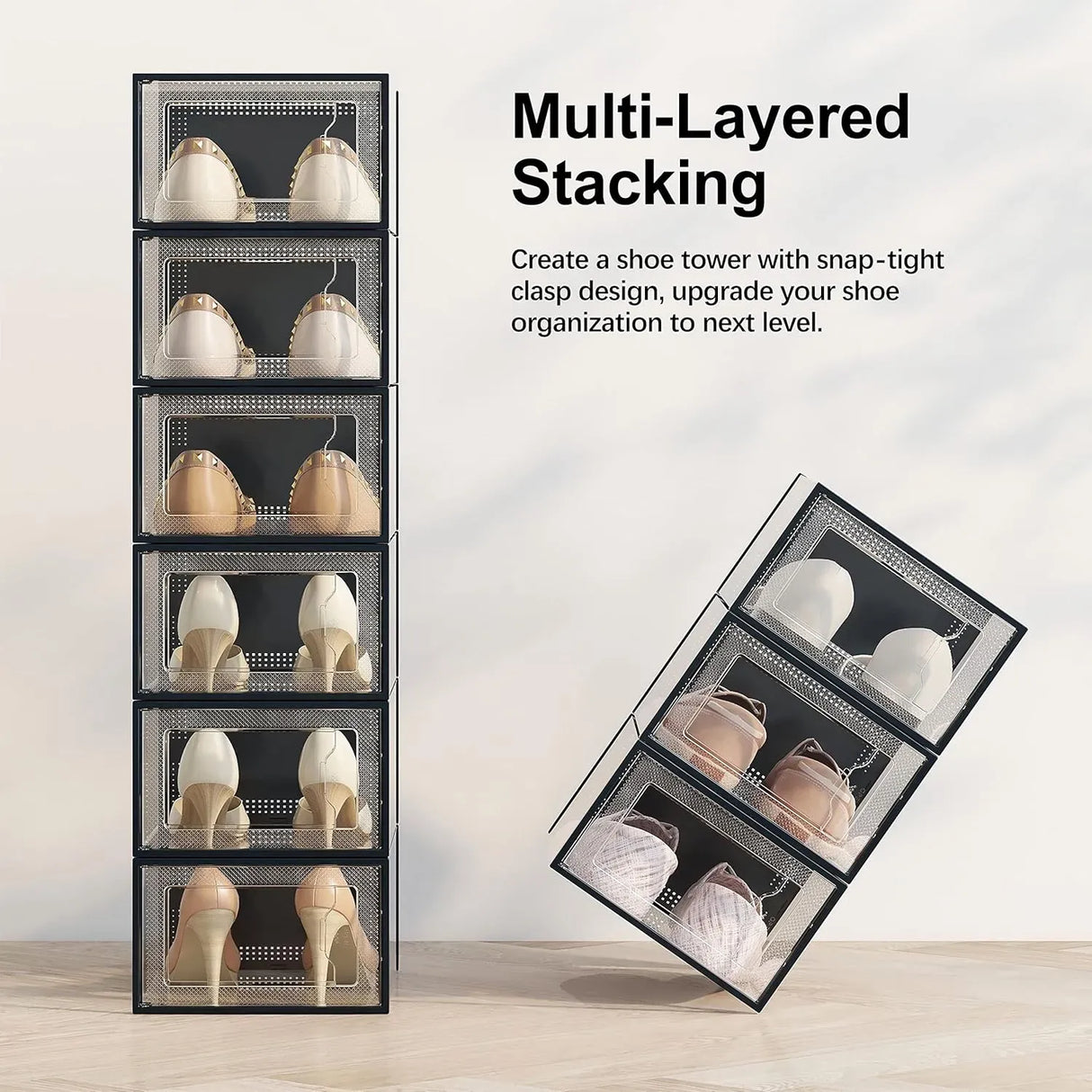 CARLA HOME 6-Pack Clear Stackable Shoe Storage Boxes - Black - Shoe Box Storage