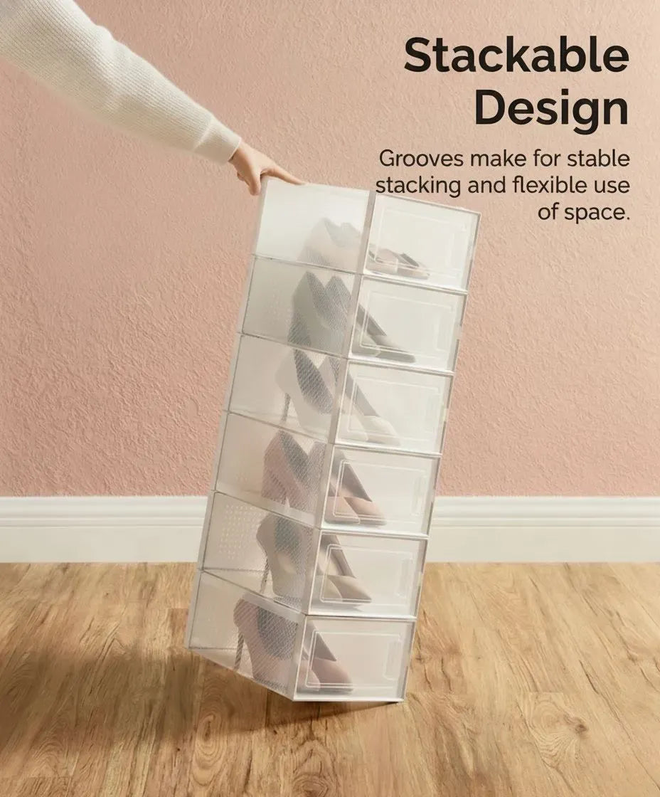 CARLA HOME 6-Pack Clear Stackable Shoe Storage Boxes - White - Shoe Box Storage