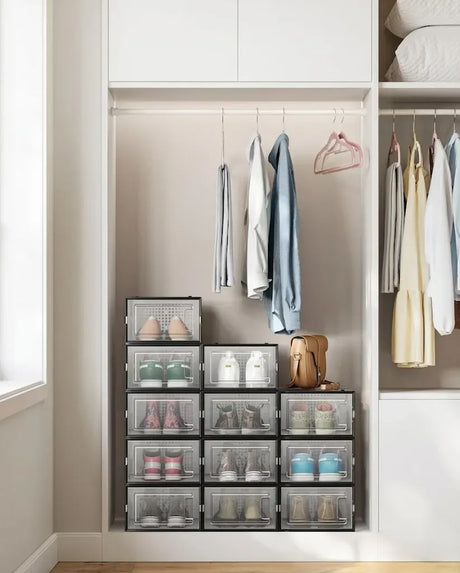 Black stackable storage boxes, waterproof.