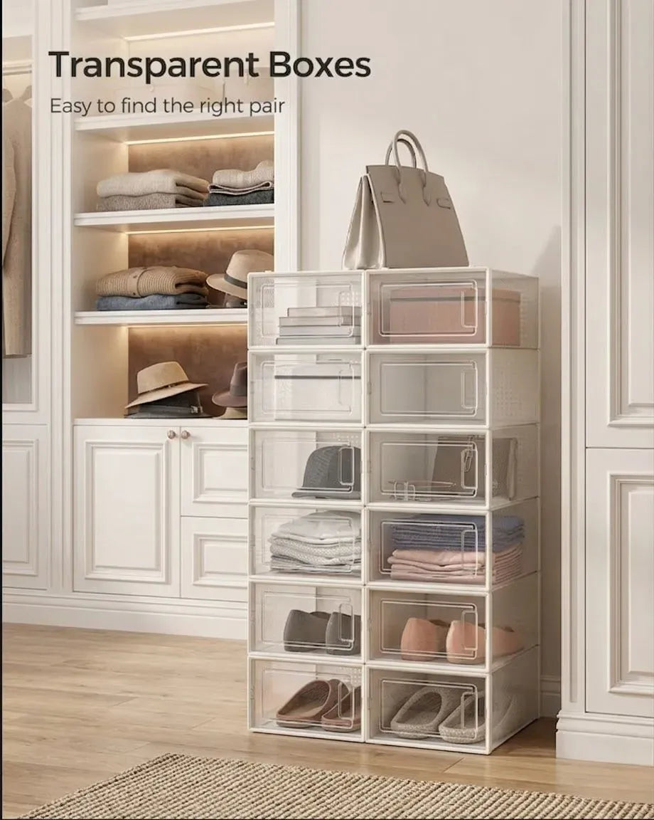 CARLA HOME 12-Pack Clear Shoe Storage Boxes - Stackable - White - Shoe Box Storage