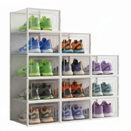 CARLA HOME white stackable storage boxes.