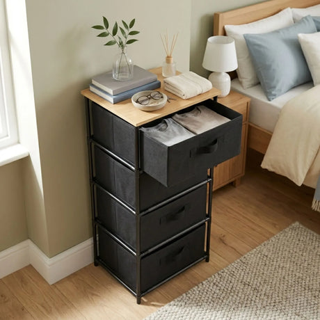 Carla Home 4 Drawer Fabric Storage Dresser Steel Frame Black Storage Rack Rustic.