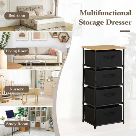 Carla Home 4 Drawer Fabric Storage Dresser Steel Frame Black Storage Rack Rustic.