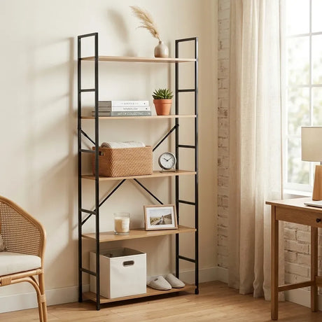 Carla Home 5 Tier Bookshelf Industrial Display Shelf Brown Rustic Steel Living Room Office.