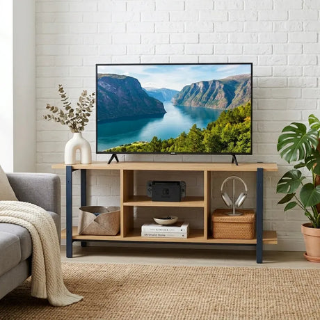 Carla Home TV Stand Entertainment Console Open Shelves Oak Brown Rustic Steel.