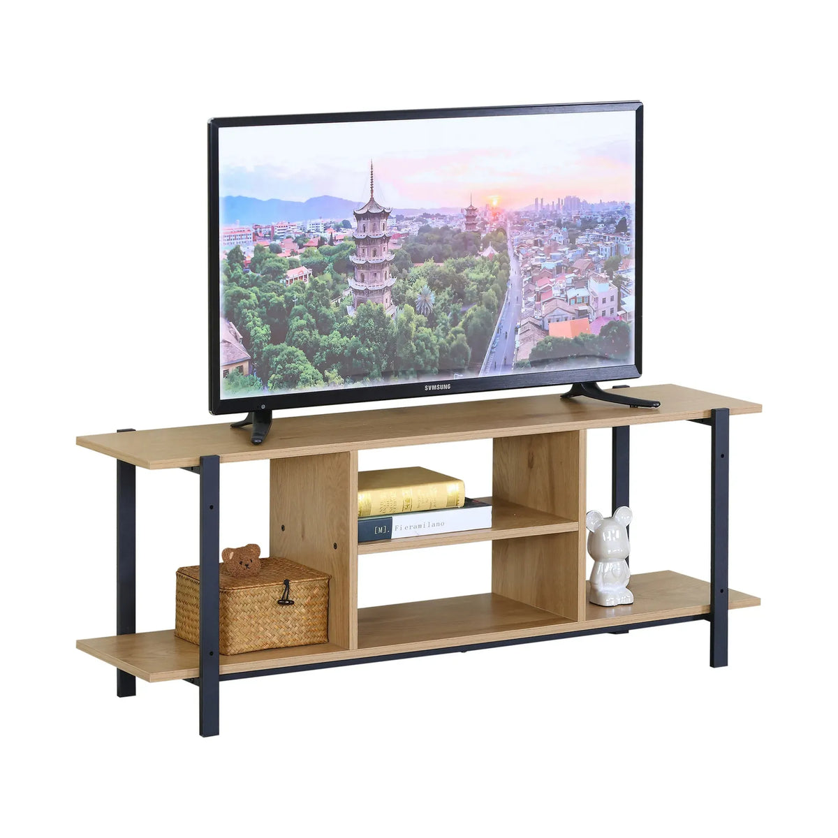 CARLA HOME Tv Stand Entertainment Console - Open Shelves - Oak - Brown - Rustic - Steel