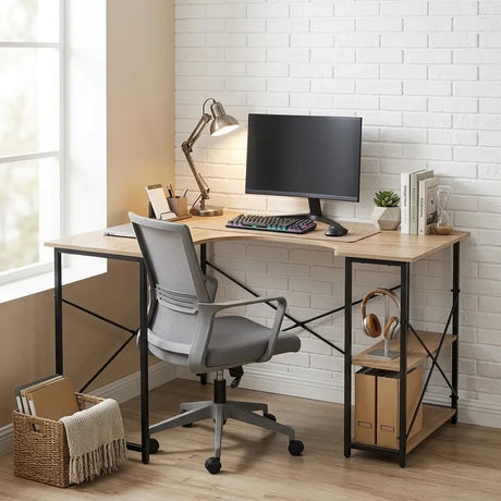 Carla Home Office Desk with 2 Shelves Metal Frame Natural 120cm Brown Rustic.