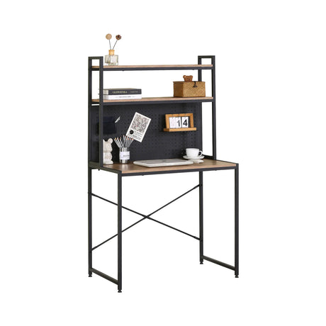 Carla Home Computer Desk with Hutch Shelves and Pegboard Brown Rustic Steel.