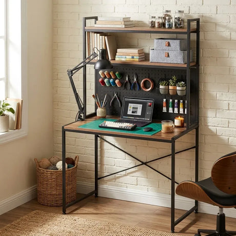 Carla Home Computer Desk with Hutch Shelves and Pegboard Brown Rustic Steel.
