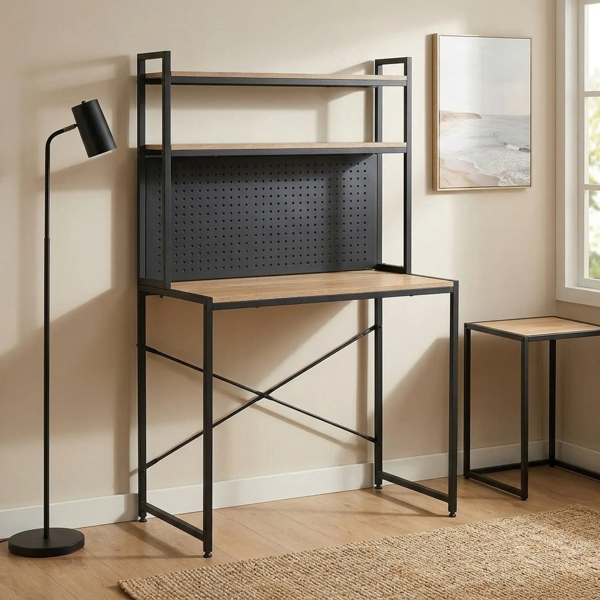 CARLA HOME Computer Desk with Hutch Shelves and Pegboard - Brown - Rustic - Steel
