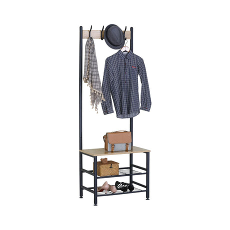 Carla Home Hall Tree Coat Rack with Bench 5 Hooks Brown Rustic Garment Rack.