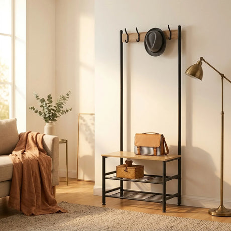 Carla Home Hall Tree Coat Rack with Bench 5 Hooks Brown Rustic Garment Rack.