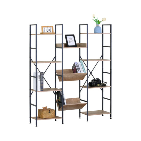 Carla Home 12 Shelf Bookcase Wood Metal Display Shelf Brown Rustic Steel.