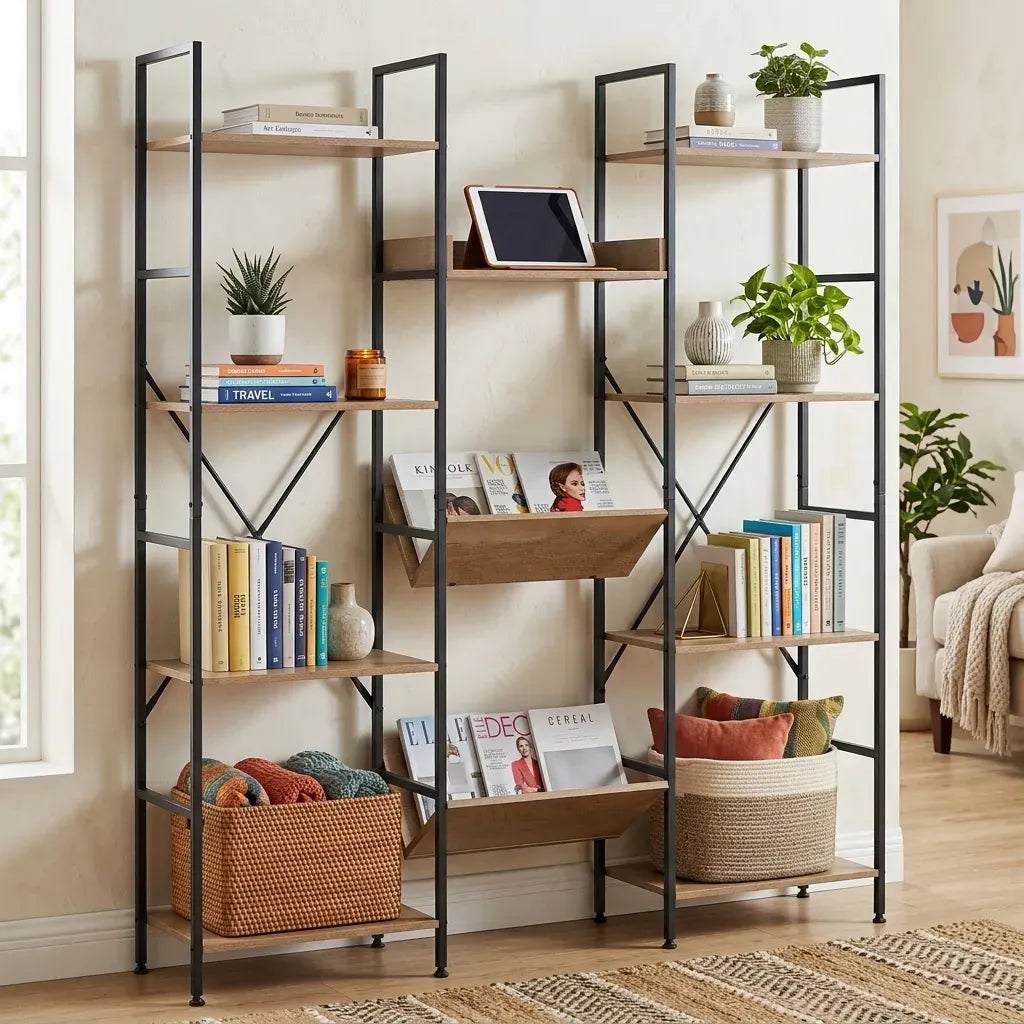 CARLA HOME 12 - Shelf Bookcase - Wood Metal Display Shelf - Brown - Rustic - Steel