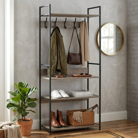 Carla Home Freestanding Garment Rack 5 Hooks 4 Shelves Brown Rustic Steel.