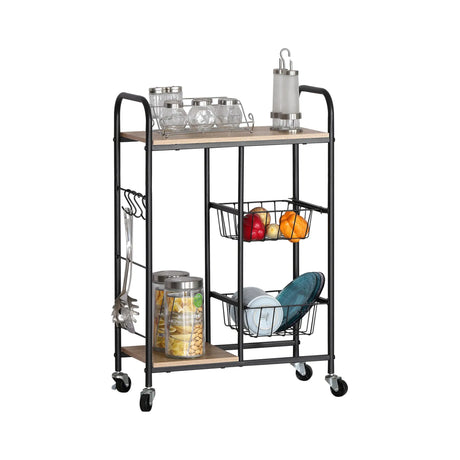 Carla Home Kitchen Trolley Cart with Wire Baskets Brown Rustic Steel Kitchen Rolling Cart.