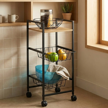 Carla Home 3 Tier Rolling Kitchen Trolley Cart Rustic Brown Steel Kitchen Rolling Cart.
